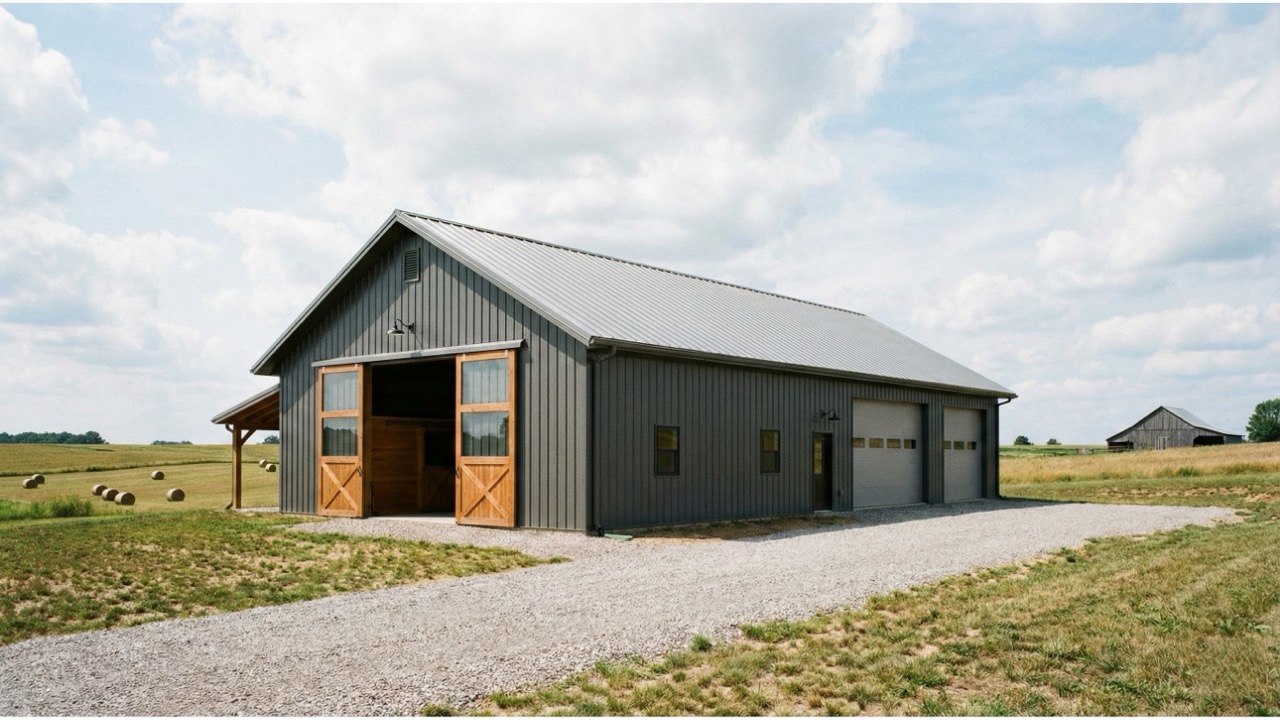 Post-frame building exterior with gray metal siding, standing-seam metal roof, large wood entry doors, overhead garage doors, and a gravel driveway in an open landscape.